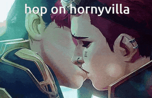 a couple of people kissing with the words hop on hornyvilla on the bottom