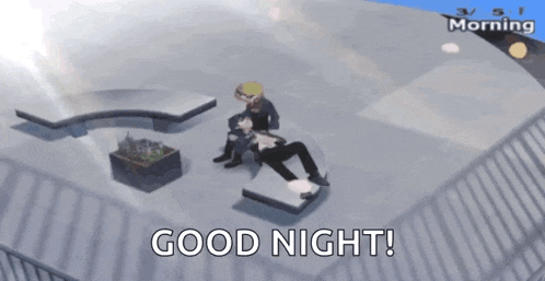 a video game character is laying on a couch and says good night .