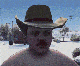 a man without a shirt is wearing a cowboy hat with a mustache