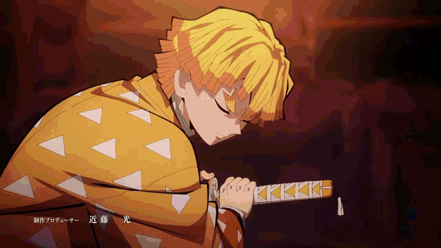 a man with yellow hair is holding a sword in his hand