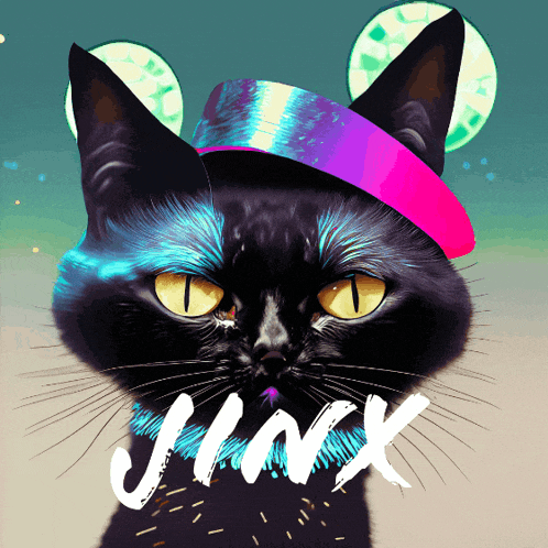 a black cat is wearing a colorful hat and the word jinx is on the bottom