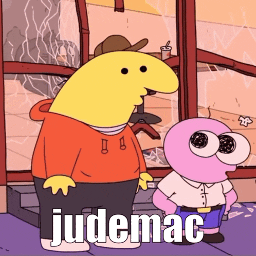 two cartoon characters standing next to each other with the word judemac on the bottom right