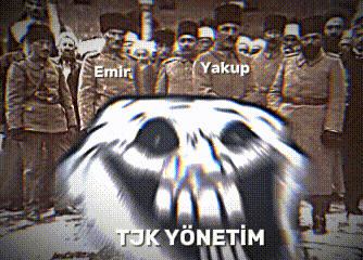 a black and white photo of a group of men with the words emir yakup and tjk yönetim on the bottom