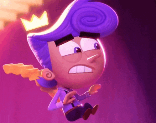 a cartoon character with purple hair and a yellow crown on his head