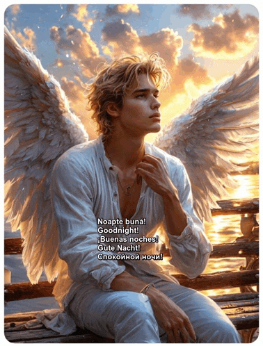 a painting of a man with angel wings says noapte buna goodnight in a foreign language