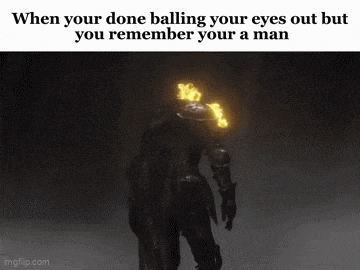 a meme of a man with flames on his head
