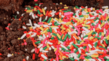 a pile of colorful sprinkles on a chocolate surface
