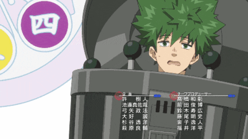 a cartoon character with green hair and a purple circle with the number 4
