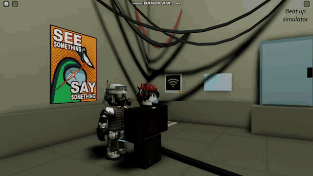 a screenshot of a video game that says see something say something