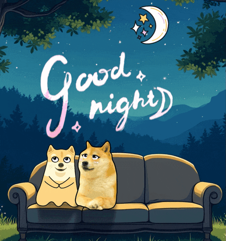 a doge sitting on a couch with the words good night written above them
