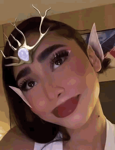 a woman wearing a crown on her head and elf ears