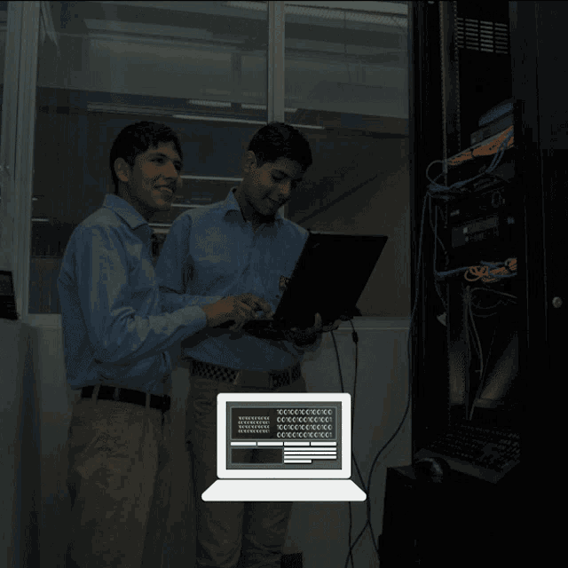 two men are looking at a laptop in a server room with a laptop icon in the corner