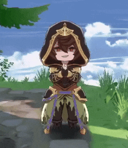 a cartoon character with a hood is standing on a path