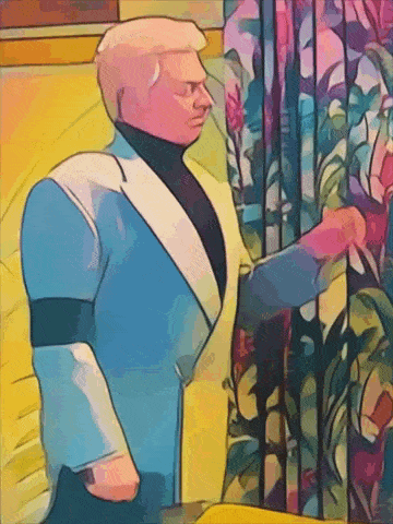 a cartoon drawing of a man in a blue jacket