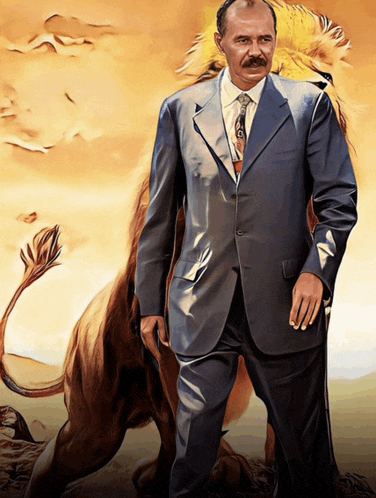a painting of a man in a suit and tie standing next to a lion