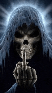 a grim reaper is holding his finger to his mouth and making a silence gesture .