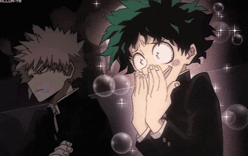 a couple of anime characters are standing next to each other and one of them is covering his face with his hands .