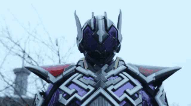 a purple and black robot is holding a sword in his hand .