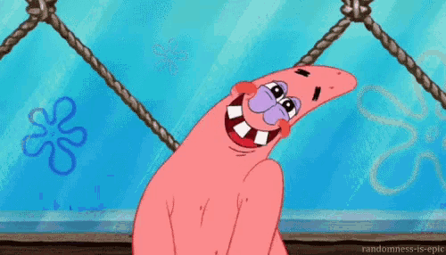 a cartoon character from spongebob squarepants is laughing with his mouth open .