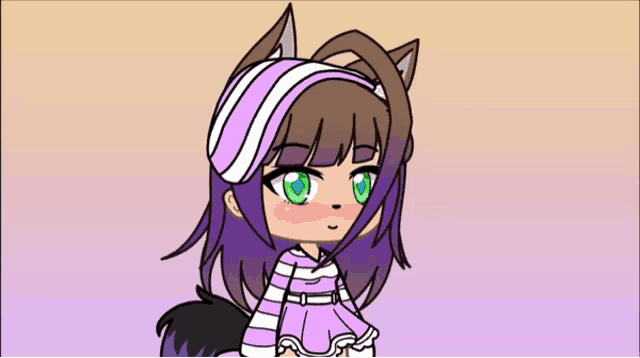 a girl with purple hair and green eyes is wearing a striped shirt