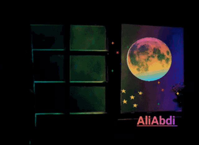 a window with a full moon and the name aliabdi at the bottom