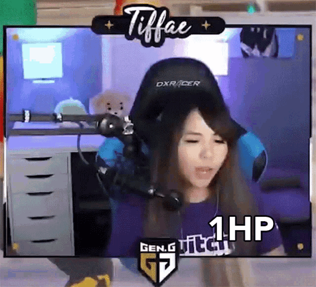 a woman wearing headphones and a purple shirt that says tiffae
