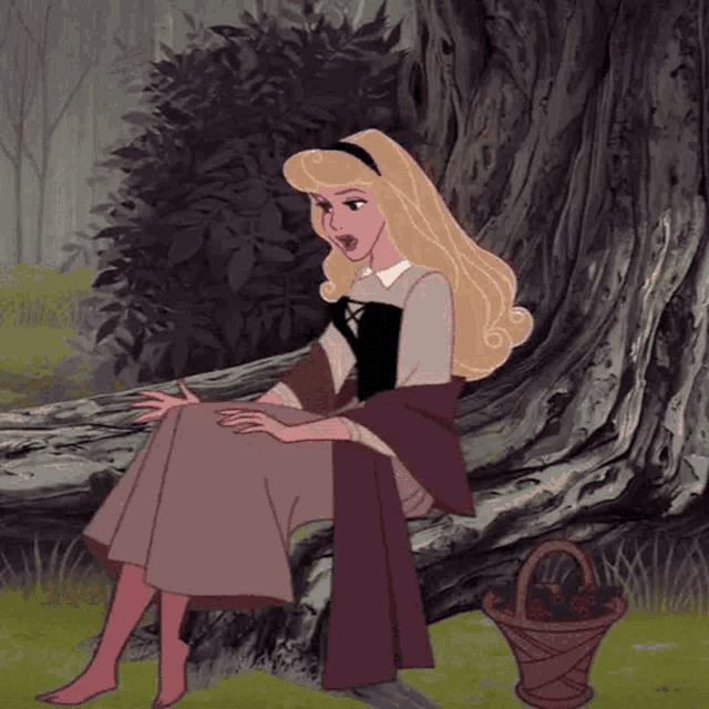 a cartoon of sleeping beauty sitting under a tree with a basket of berries