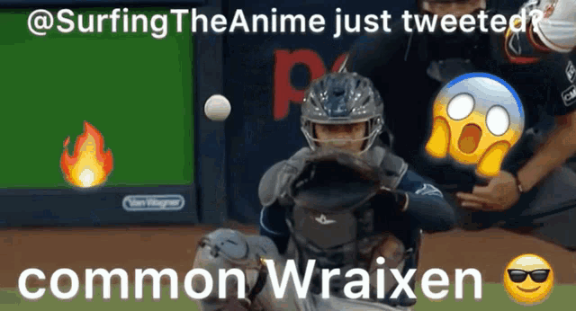 a baseball catcher catching a ball with the caption " @surfingtheanime just tweeted "