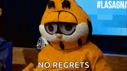 a garfield mascot says no regrets in front of a lasagna logo