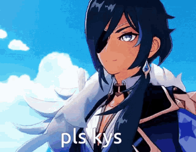 a blue haired anime character with the words pls kys on the bottom right