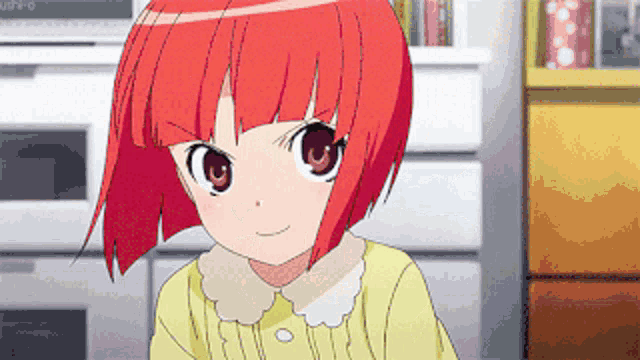 a girl with red hair is wearing a yellow shirt and white collar