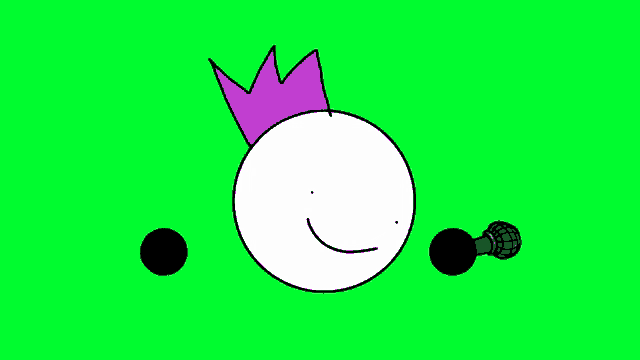 a cartoon face with a pink crown on it is holding a microphone .
