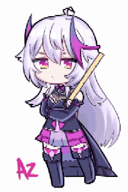 a pixel art drawing of a girl with a sword and the letter az next to her
