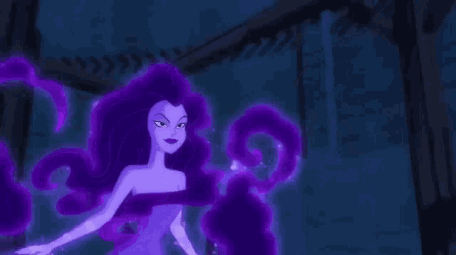 a naked cartoon character with purple hair and a purple background .