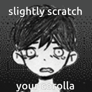 a black and white drawing of a boy with glasses and the words `` slightly scratch your corolla '' .