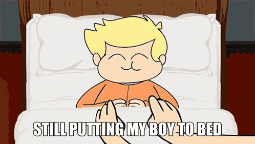 a cartoon of a boy laying in bed with the words still putting my boy to bed below him