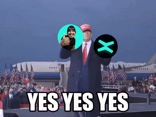 a picture of donald trump giving a thumbs up with the words yes yes yes below
