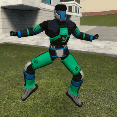 a video game character in a green and black suit with avc written on his chest