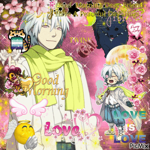 a collage of anime characters with the words good morning love is love on the bottom