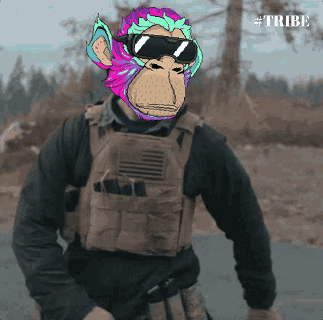 a man with a colorful monkey on his face and the word tribe on the bottom right