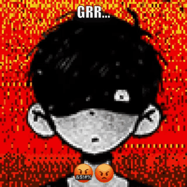 a pixel art of a boy with two angry faces and the words grr on the top
