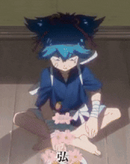 a cartoon character with blue hair is sitting on the floor with flowers on his feet .
