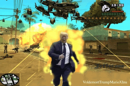 a video game shows a man in a suit and tie running in front of an explosion
