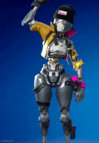 a robot with a yellow jacket and a black hat is holding a gun