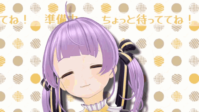 a girl with purple hair is smiling in front of a pattern of polka dots