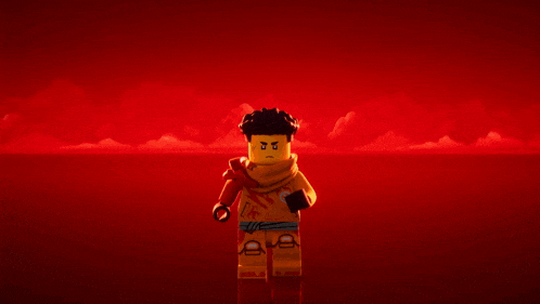 a lego character is holding a sword in his right hand