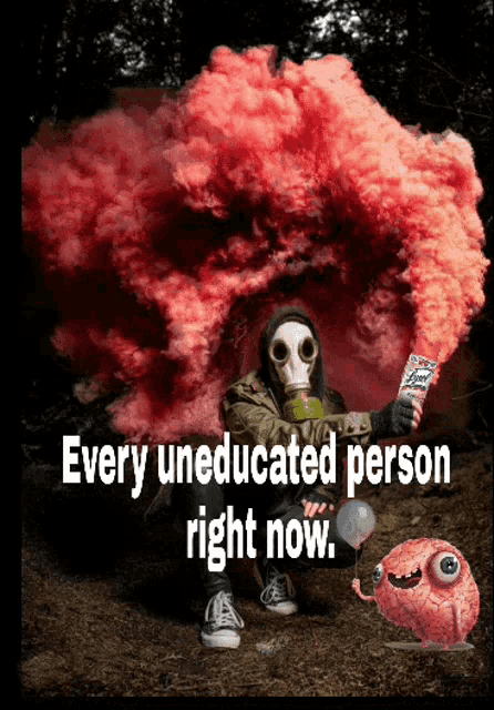 a person wearing a gas mask is holding a bag of cheetos in front of smoke
