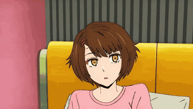 a cartoon girl with brown hair and yellow eyes is sitting on a yellow couch