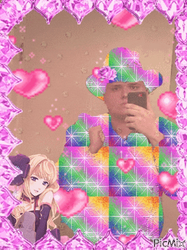 a picture of a man taking a picture of himself with hearts around him