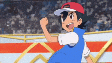 a cartoon character is standing in a stadium with his fist in the air and a crowd behind him .